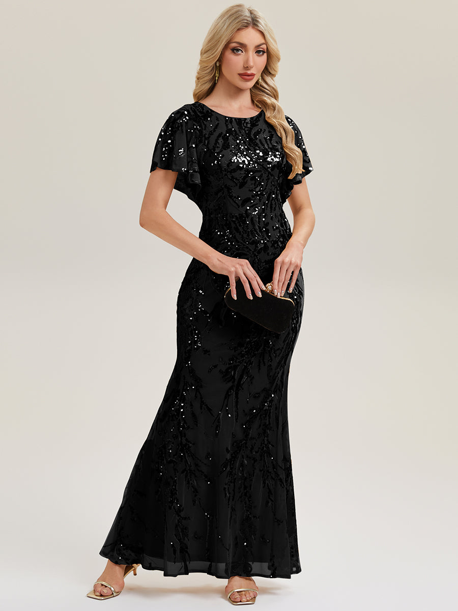 Color=Black | Volume Discounts Short Sleeve Sequin Fishtail High Stretch Round Neck Evening Dresses-Black 5
