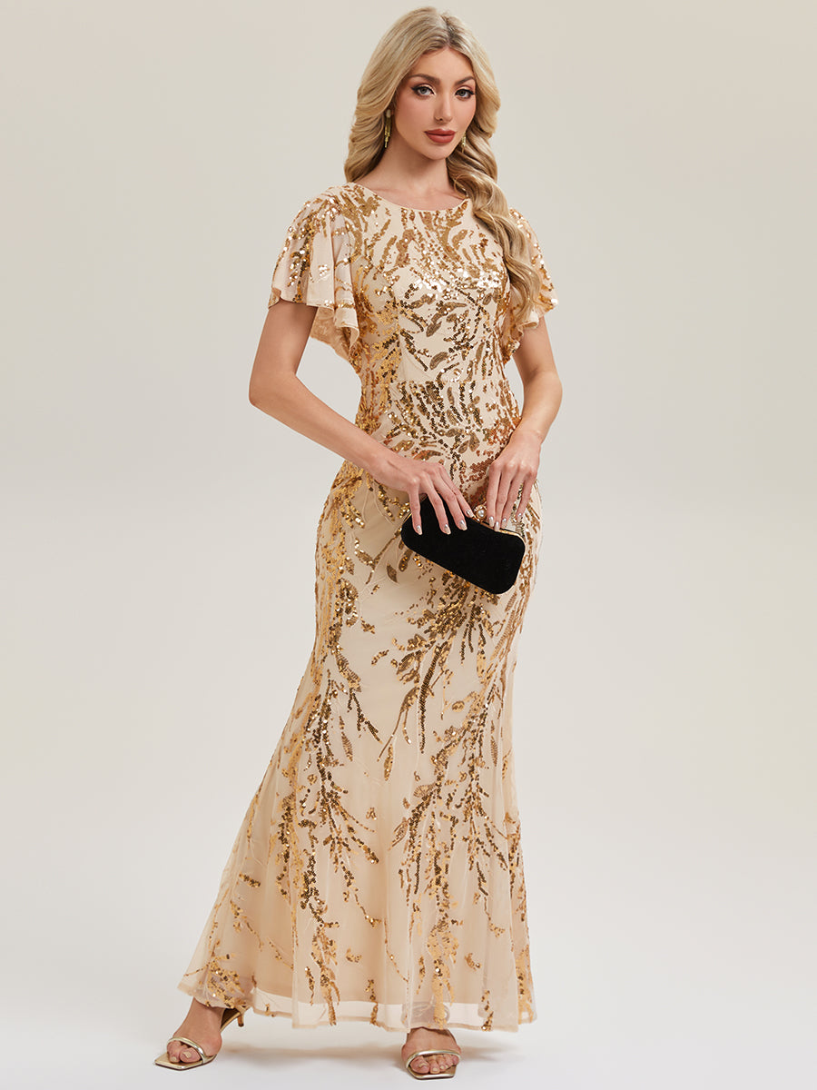 Color=Gold | Industrial Use Short Sleeve Sequin Fishtail High Stretch Round Neck Evening Dresses-Gold 5