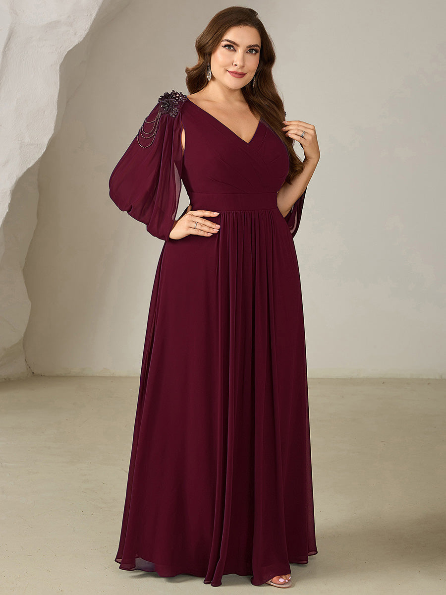 Color=Burgundy | Wholesale Pricing Half Sleeve Deep V-Neck Appliques A-Line Floor Length Evening Dresses-Burgundy 9