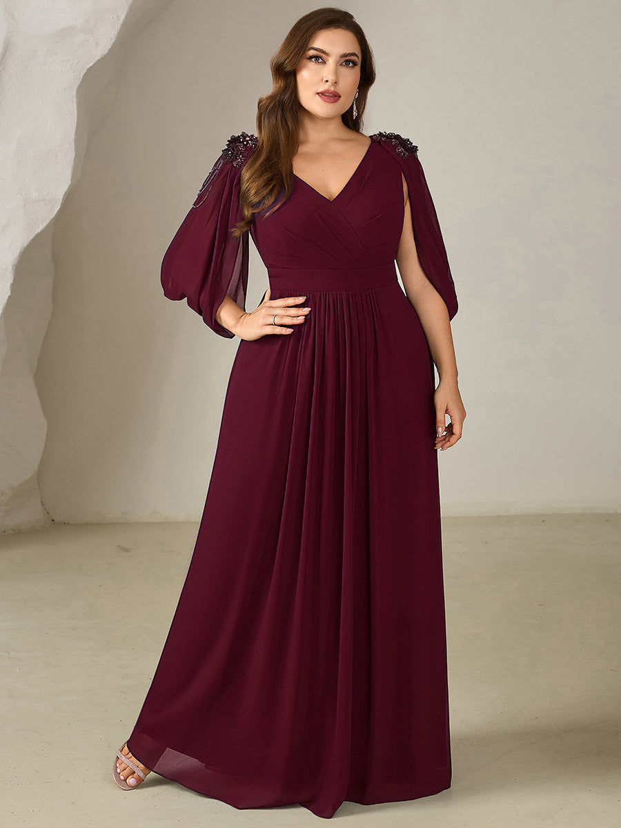 Color=Burgundy | Wholesale Pricing Half Sleeve Deep V-Neck Appliques A-Line Floor Length Evening Dresses-Burgundy 10