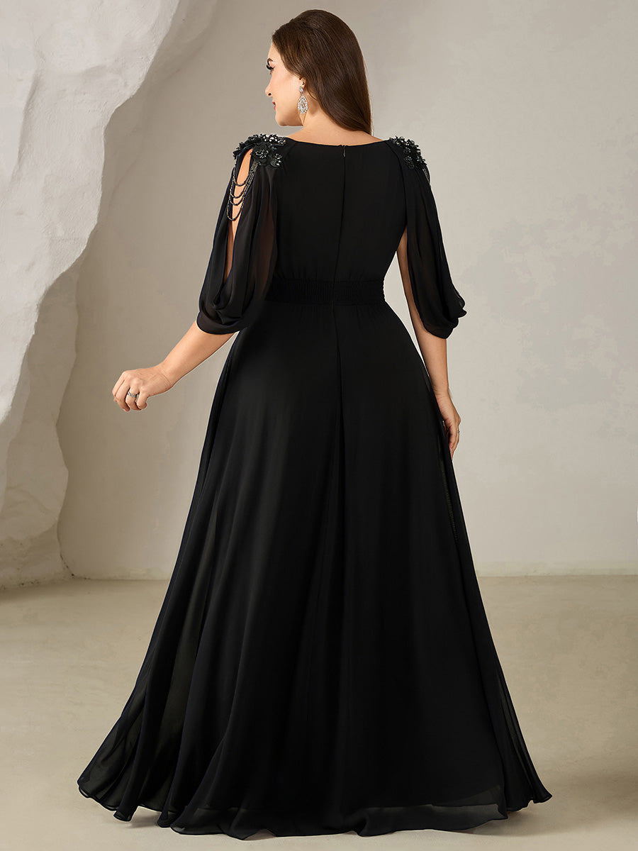 Color=Black | Wholesale Pricing Half Sleeve Deep V-Neck Appliques A-Line Floor Length Evening Dresses-Black 17