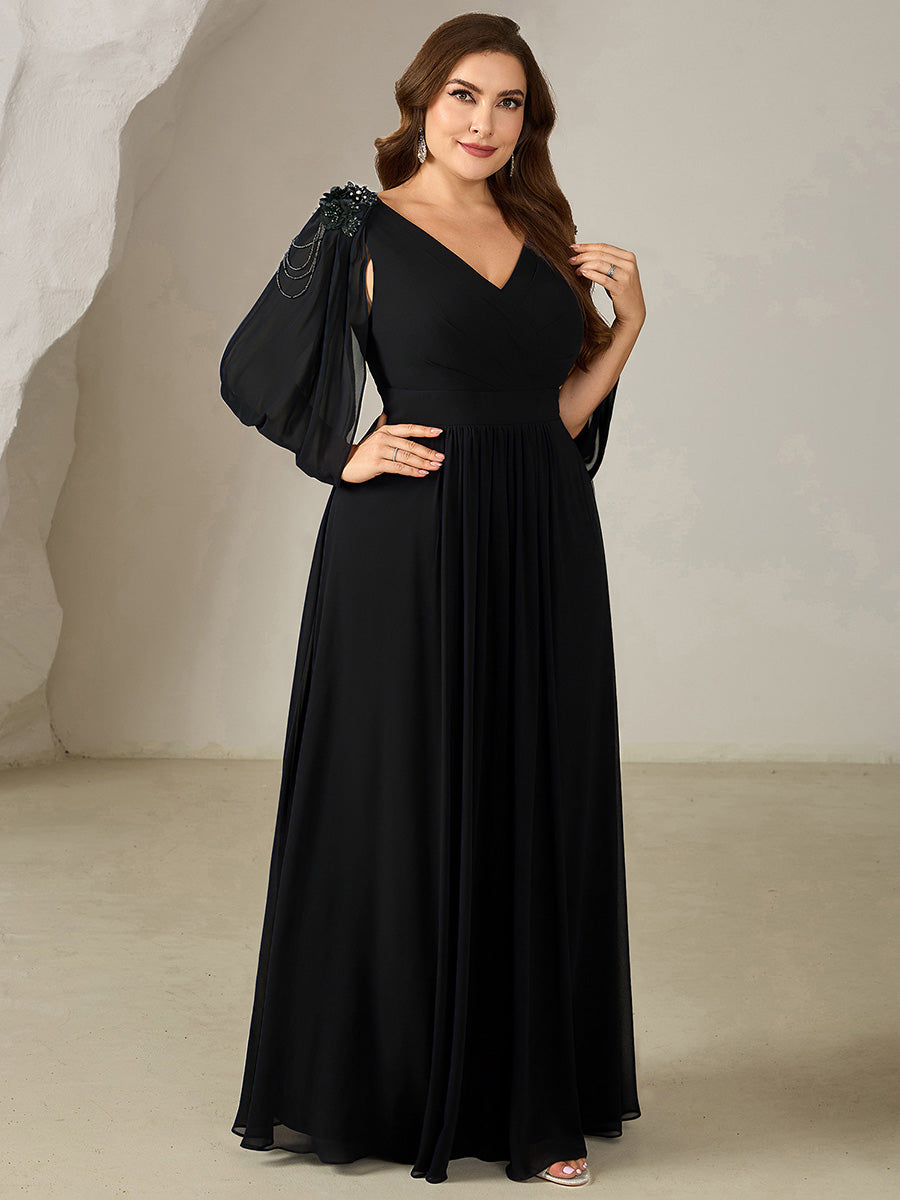 Color=Black | Wholesale Pricing Half Sleeve Deep V-Neck Appliques A-Line Floor Length Evening Dresses-Black 19