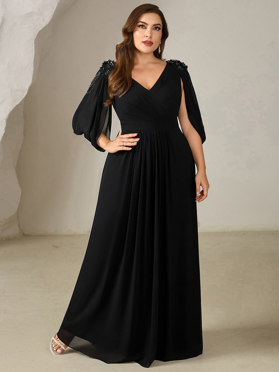 Color=Black | Wholesale Pricing Half Sleeve Deep V-Neck Appliques A-Line Floor Length Evening Dresses-Black 20