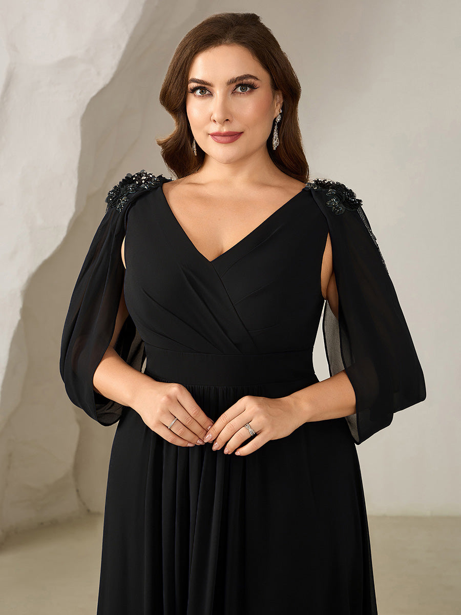 Color=Black | Wholesale Pricing Half Sleeve Deep V-Neck Appliques A-Line Floor Length Evening Dresses-Black 18
