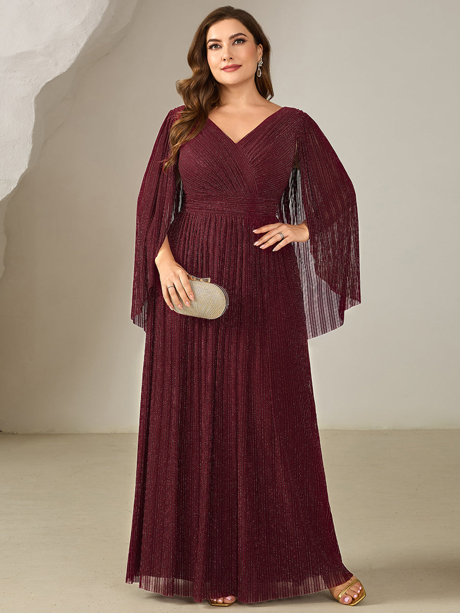 Color=Burgundy | B2B-Exclusive Long Sleeve Batwing Deep V-Neck A-Line Floor Length Evening Dresses-Burgundy 6