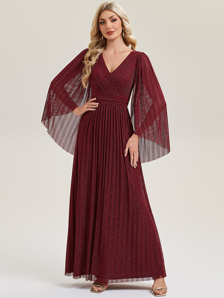 Color=Burgundy | B2B-Exclusive Long Sleeve Batwing Deep V-Neck A-Line Floor Length Evening Dresses-Burgundy 1