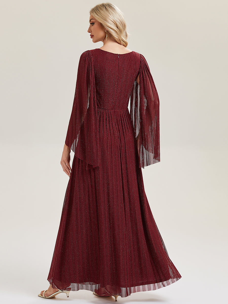 Color=Burgundy | B2B-Exclusive Long Sleeve Batwing Deep V-Neck A-Line Floor Length Evening Dresses-Burgundy 2