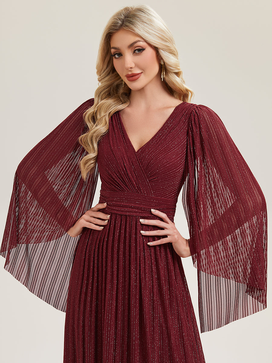 Color=Burgundy | B2B-Exclusive Long Sleeve Batwing Deep V-Neck A-Line Floor Length Evening Dresses-Burgundy 3