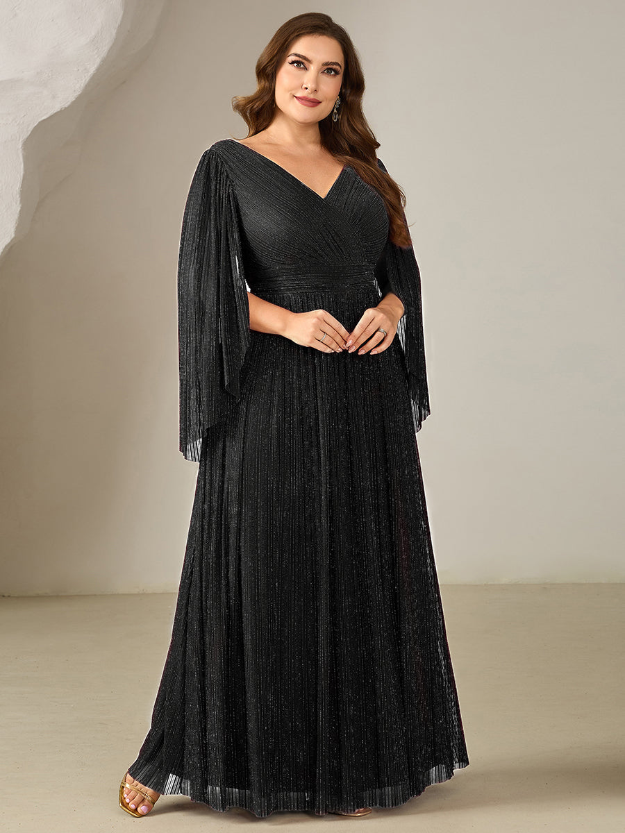 Color=Black | B2B-Exclusive Long Sleeve Batwing Deep V-Neck A-Line Floor Length Evening Dresses-Black 19