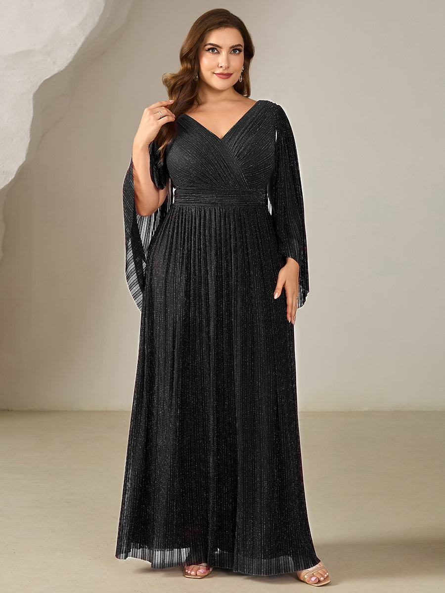 Color=Black | B2B-Exclusive Long Sleeve Batwing Deep V-Neck A-Line Floor Length Evening Dresses-Black 20