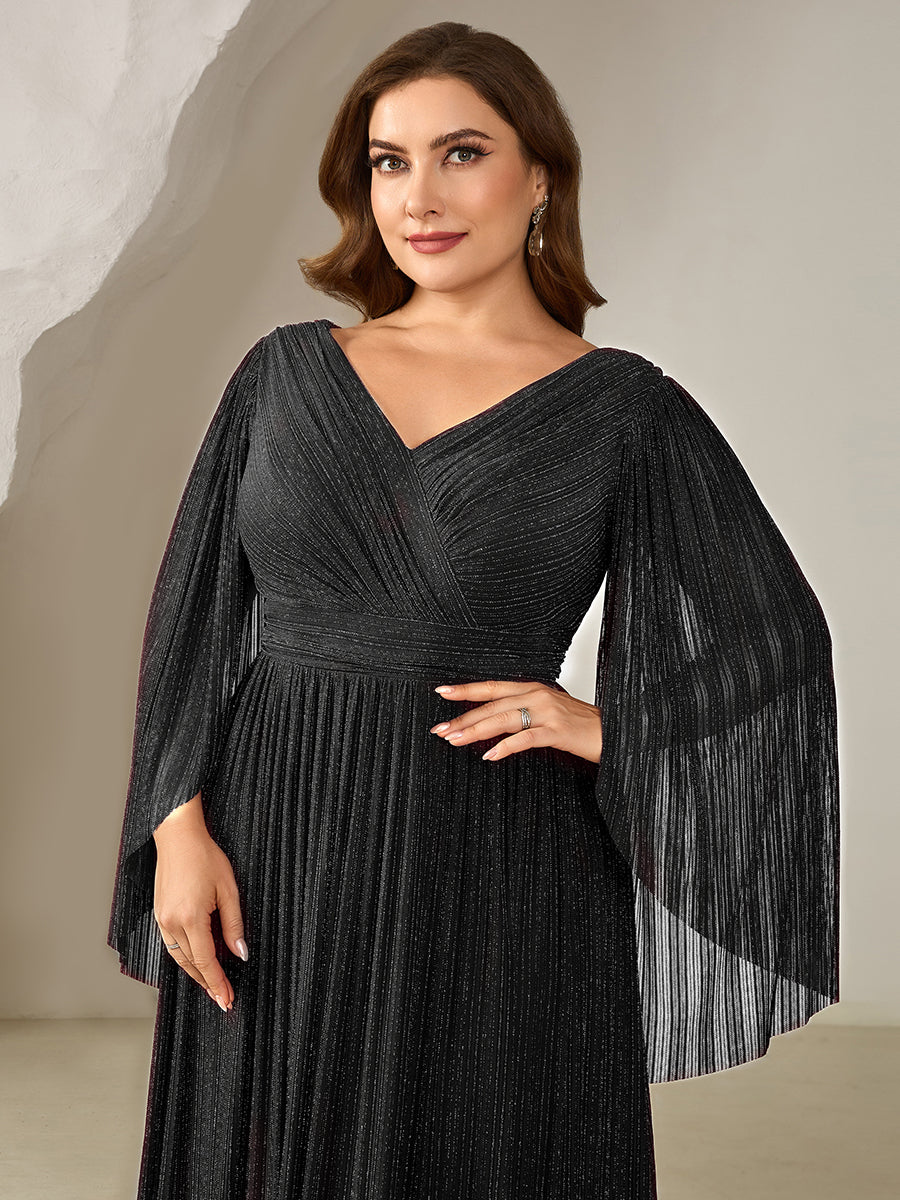 Color=Black | B2B-Exclusive Long Sleeve Batwing Deep V-Neck A-Line Floor Length Evening Dresses-Black 18