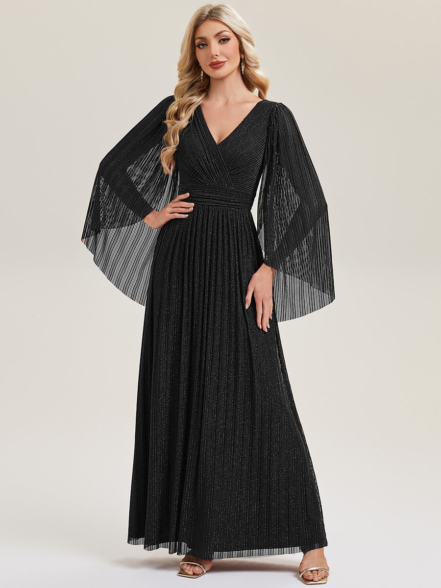 Color=Black | B2B-Exclusive Long Sleeve Batwing Deep V-Neck A-Line Floor Length Evening Dresses-Black 11
