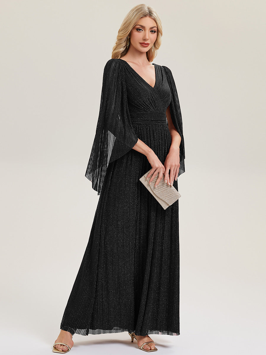 Color=Black | B2B-Exclusive Long Sleeve Batwing Deep V-Neck A-Line Floor Length Evening Dresses-Black 14
