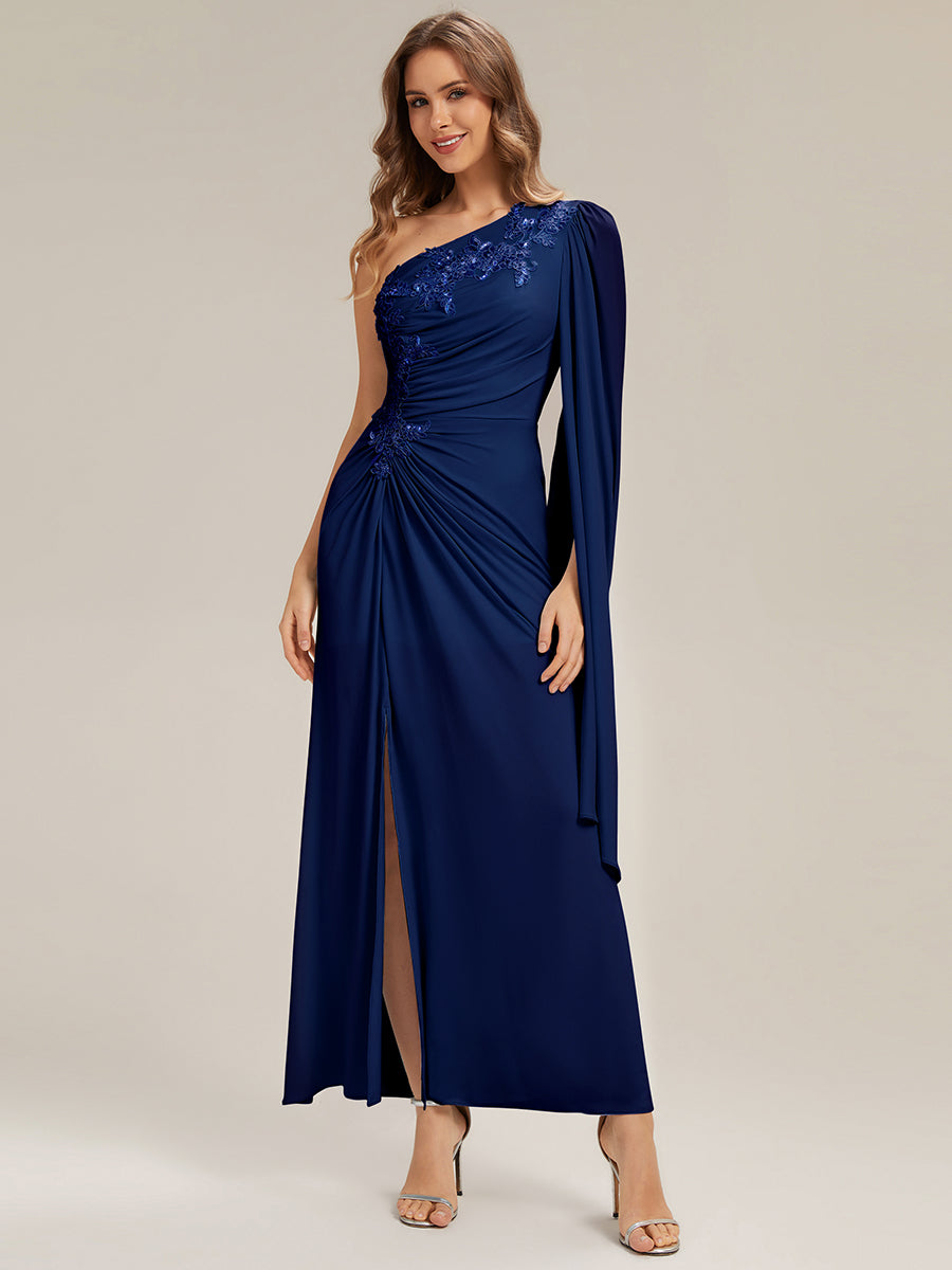 Color=Navy Blue | Volume Discounts Long Sleeve Cape Sheath High Stretch One-Shoulder Evening Dresses-Navy Blue 6
