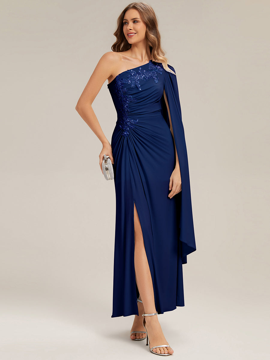 Color=Navy Blue | Volume Discounts Long Sleeve Cape Sheath High Stretch One-Shoulder Evening Dresses-Navy Blue 10