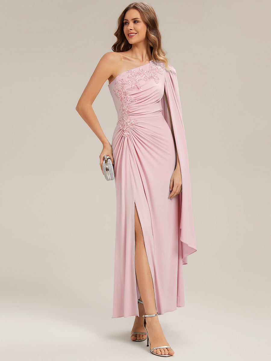 Color=Pink | Volume Discounts Long Sleeve Cape Sheath High Stretch One-Shoulder Evening Dresses-Pink 15