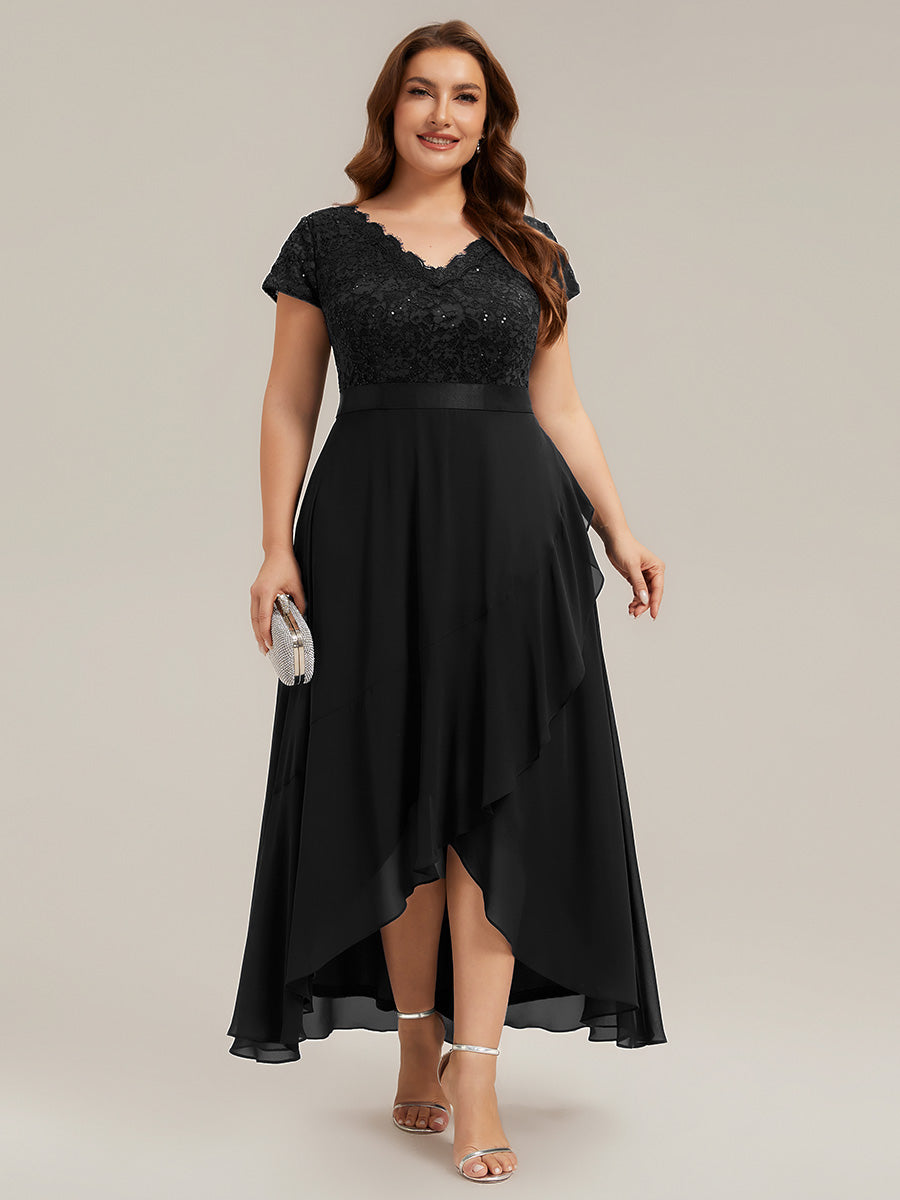 Color=Black | Wholesale Pricing Short Sleeve Deep V-Neck Ruffled Asymmetrical High-Low Evening Dresses-Black 6