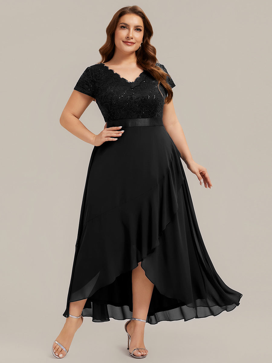 Color=Black | Wholesale Pricing Short Sleeve Deep V-Neck Ruffled Asymmetrical High-Low Evening Dresses-Black 10