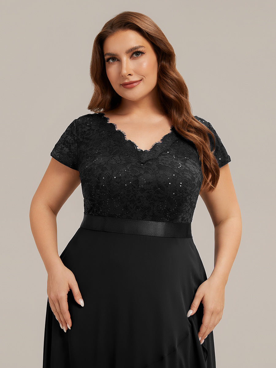 Color=Black | Wholesale Pricing Short Sleeve Deep V-Neck Ruffled Asymmetrical High-Low Evening Dresses-Black 8