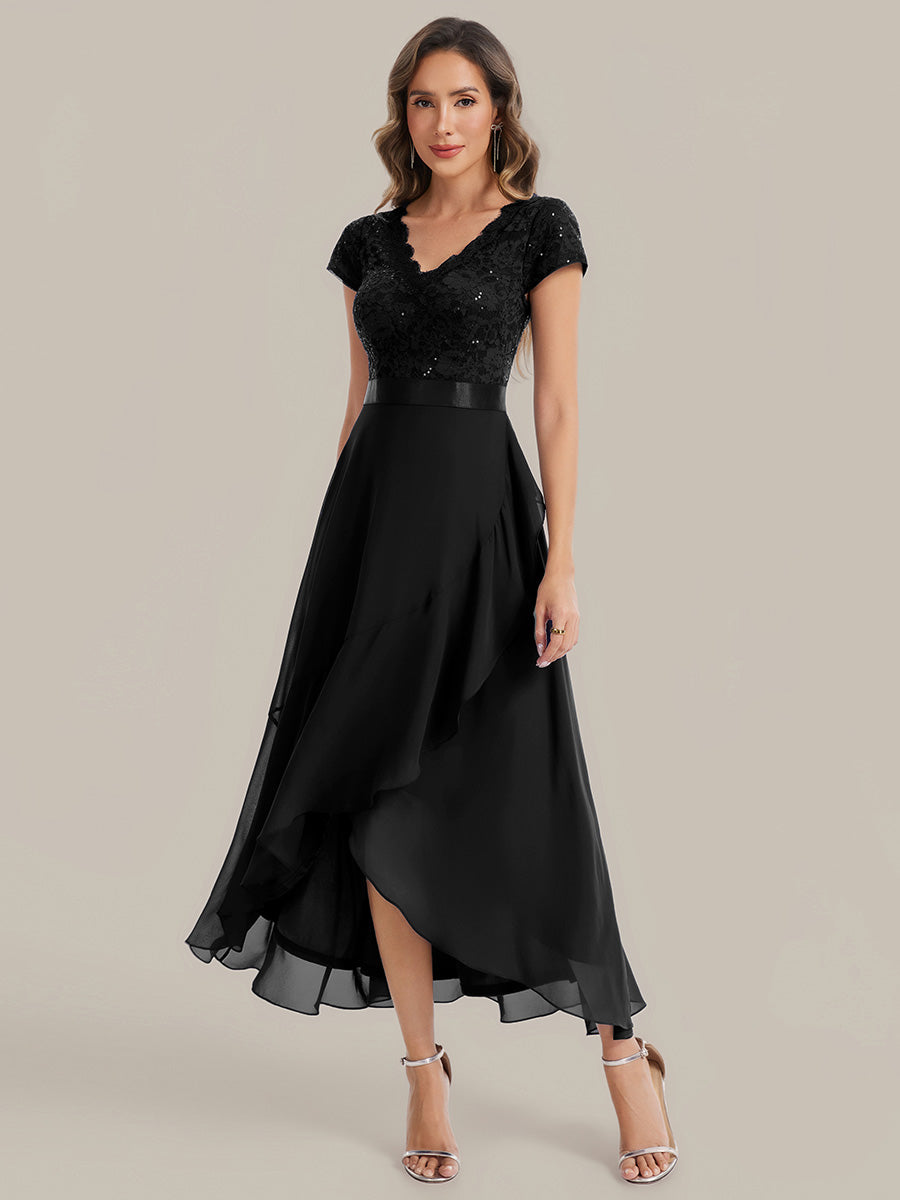 Color=Black | Wholesale Pricing Short Sleeve Deep V-Neck Ruffled Asymmetrical High-Low Evening Dresses-Black 4