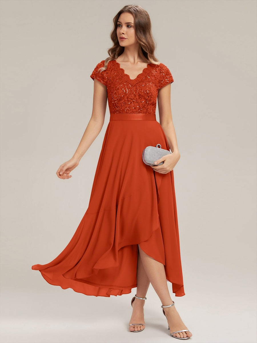 Color=Burnt Orange | Wholesale Pricing Short Sleeve Deep V-Neck Ruffled Asymmetrical High-Low Evening Dresses-Burnt Orange 1