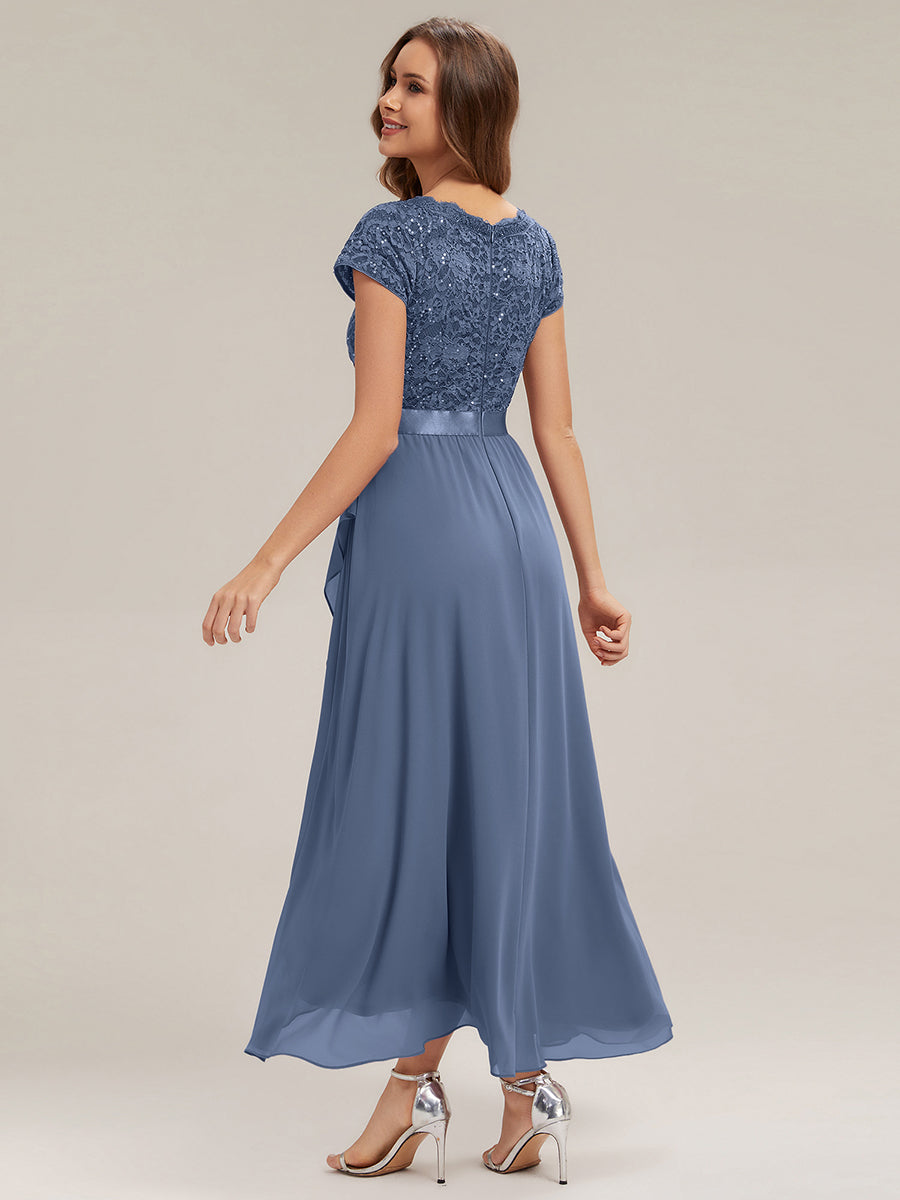 Color=Dusty blue | Wholesale Pricing Short Sleeve Deep V-Neck Ruffled Asymmetrical High-Low Evening Dresses-Dusty blue 2