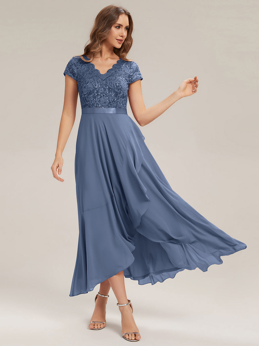 Color=Dusty blue | Wholesale Pricing Short Sleeve Deep V-Neck Ruffled Asymmetrical High-Low Evening Dresses-Dusty blue 3