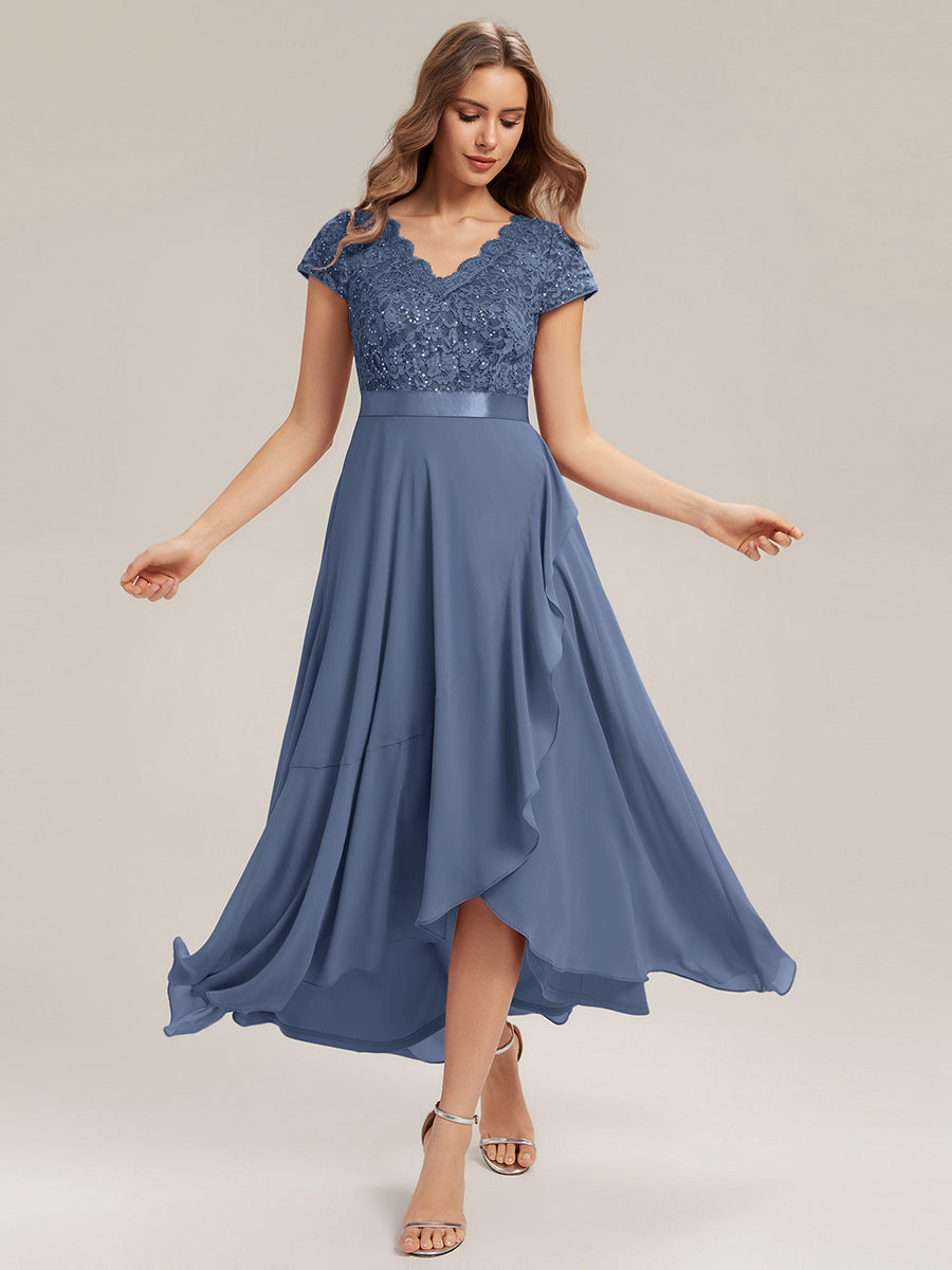 Color=Dusty blue | Wholesale Pricing Short Sleeve Deep V-Neck Ruffled Asymmetrical High-Low Evening Dresses-Dusty blue 4
