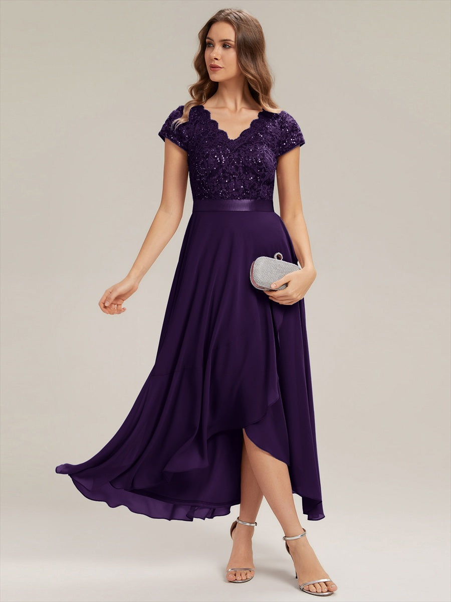 Color=Dark Purple | Wholesale Pricing Short Sleeve Deep V-Neck Ruffled Asymmetrical High-Low Evening Dresses - Dark Purple