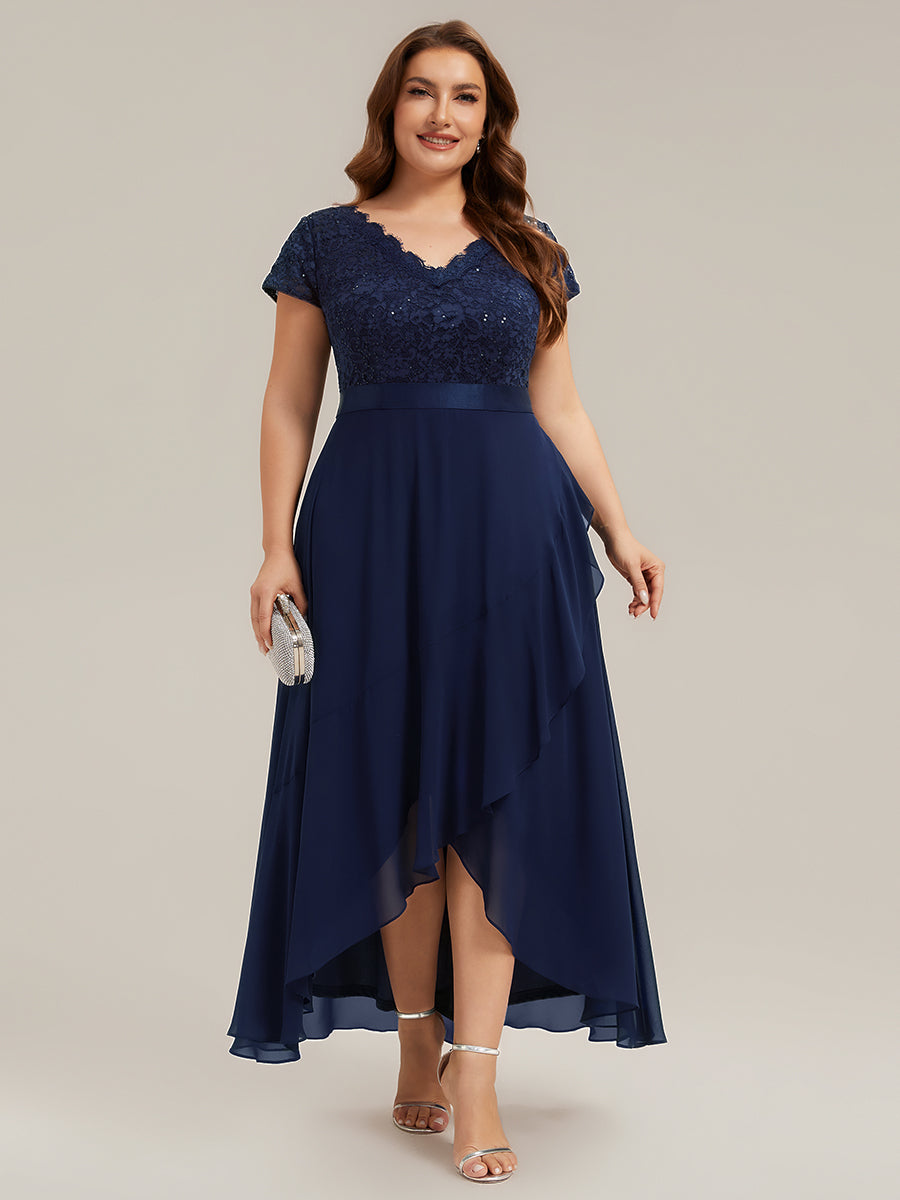 Color=Navy Blue | Wholesale Pricing Short Sleeve Deep V-Neck Ruffled Asymmetrical High-Low Evening Dresses-Navy Blue 16