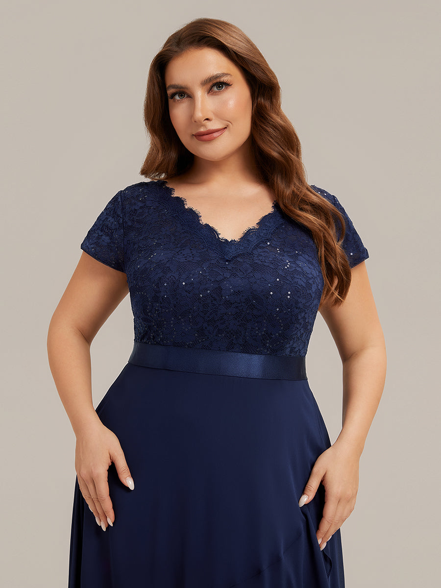 Color=Navy Blue | Wholesale Pricing Short Sleeve Deep V-Neck Ruffled Asymmetrical High-Low Evening Dresses-Navy Blue 18