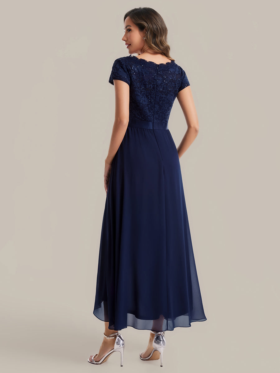 Color=Navy Blue | Wholesale Pricing Short Sleeve Deep V-Neck Ruffled Asymmetrical High-Low Evening Dresses-Navy Blue 12