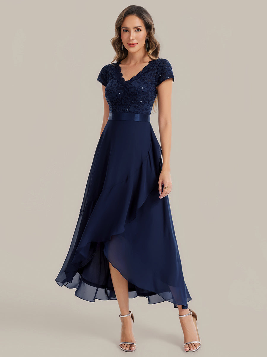Color=Navy Blue | Wholesale Pricing Short Sleeve Deep V-Neck Ruffled Asymmetrical High-Low Evening Dresses-Navy Blue 14