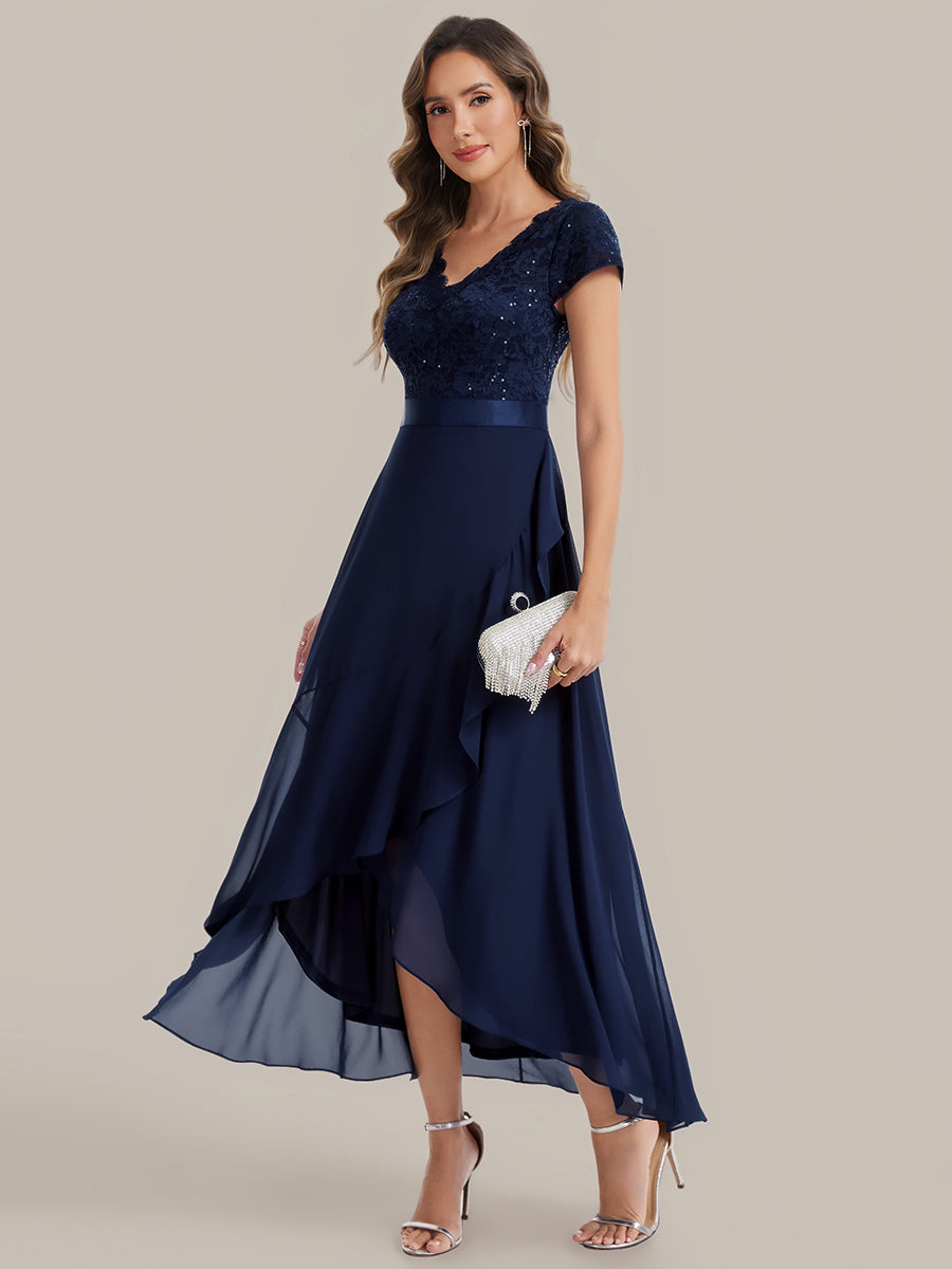 Color=Navy Blue | Wholesale Pricing Short Sleeve Deep V-Neck Ruffled Asymmetrical High-Low Evening Dresses-Navy Blue 15