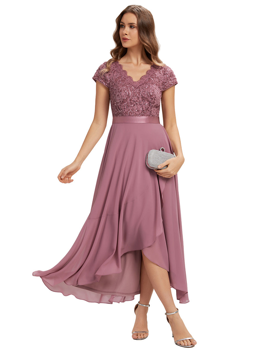 Color=Orchid | Wholesale Pricing Short Sleeve Deep V-Neck Ruffled Asymmetrical High-Low Evening Dresses-Orchid 2