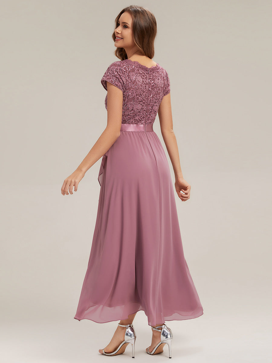Color=Orchid | Wholesale Pricing Short Sleeve Deep V-Neck Ruffled Asymmetrical High-Low Evening Dresses-Orchid 3