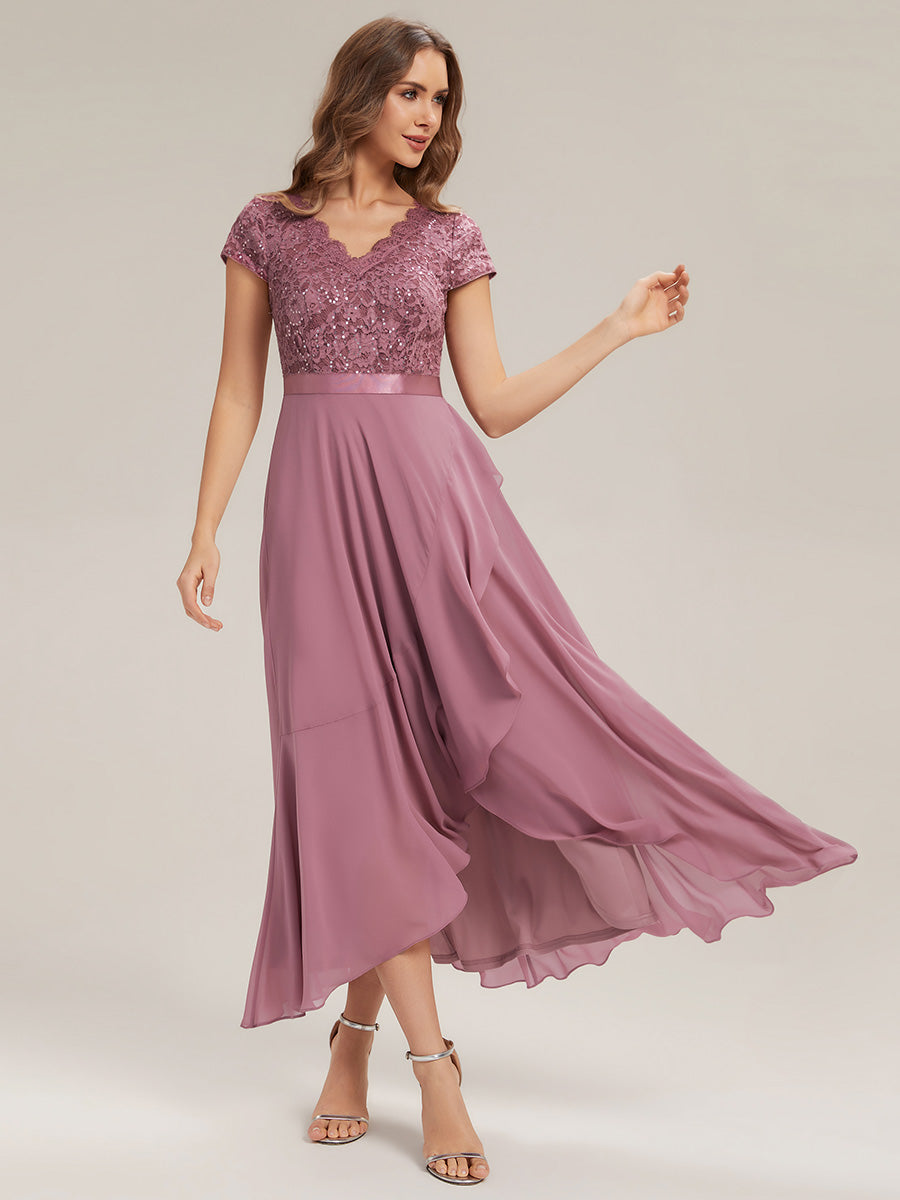 Color=Orchid | Wholesale Pricing Short Sleeve Deep V-Neck Ruffled Asymmetrical High-Low Evening Dresses-Orchid 4