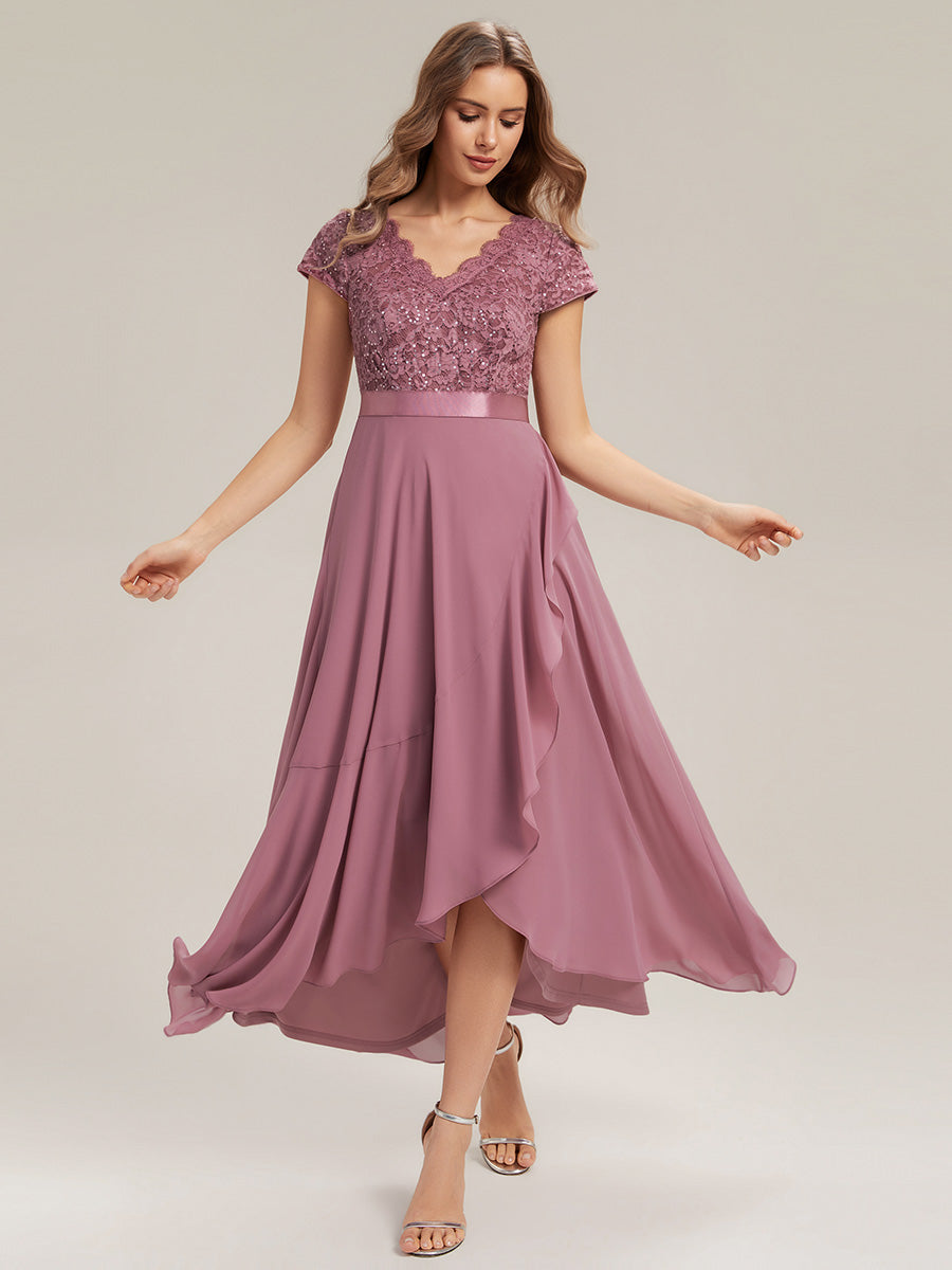 Color=Orchid | Wholesale Pricing Short Sleeve Deep V-Neck Ruffled Asymmetrical High-Low Evening Dresses-Orchid 5