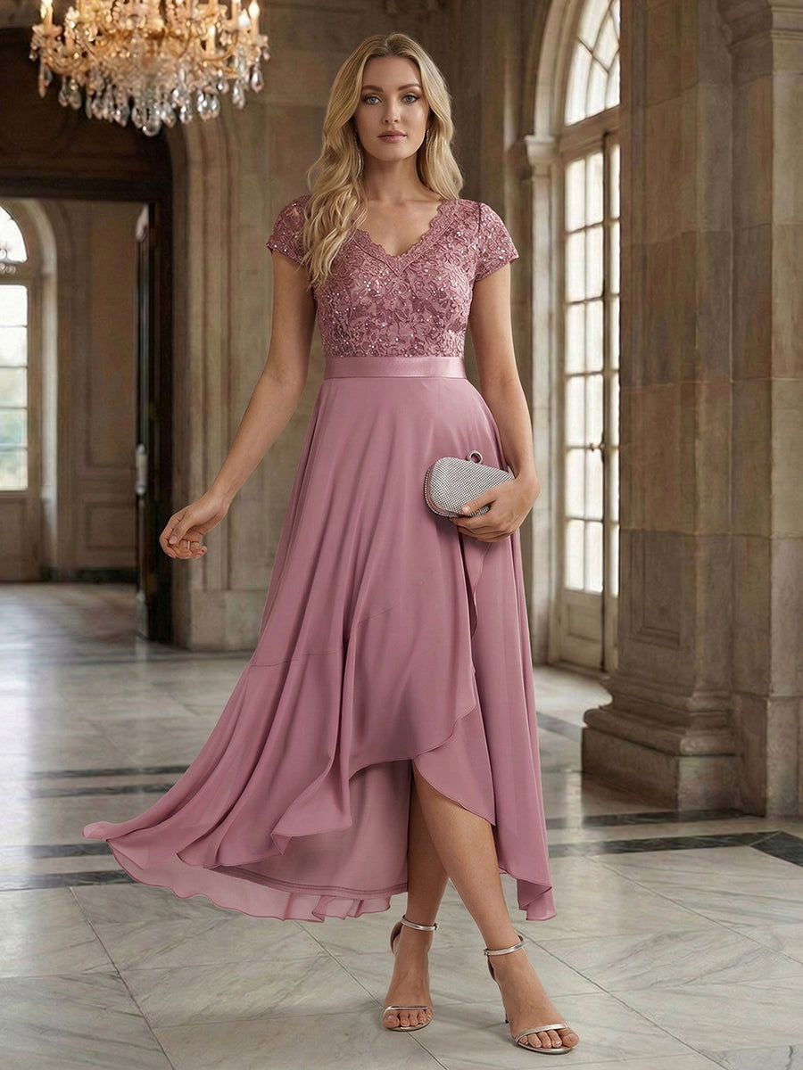 Color=Orchid | Wholesale Pricing Short Sleeve Deep V-Neck Ruffled Asymmetrical High-Low Evening Dresses-Orchid 7