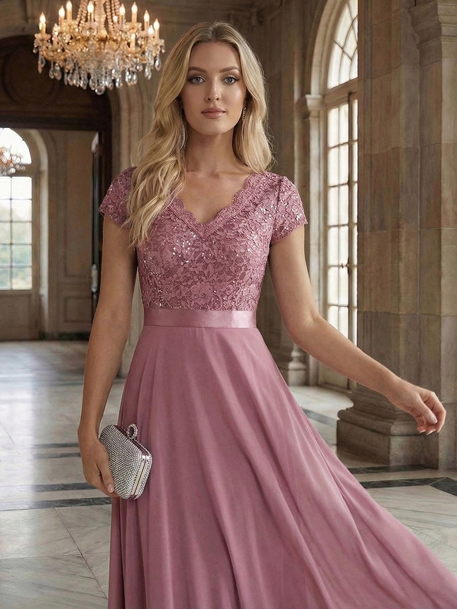 Color=Orchid | Wholesale Pricing Short Sleeve Deep V-Neck Ruffled Asymmetrical High-Low Evening Dresses-Orchid 9