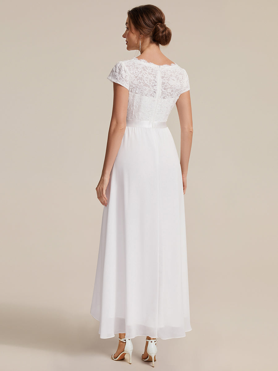 Color=White | Wholesale Pricing Short Sleeve Deep V-Neck Ruffled Asymmetrical High-Low Evening Dresses-White 2