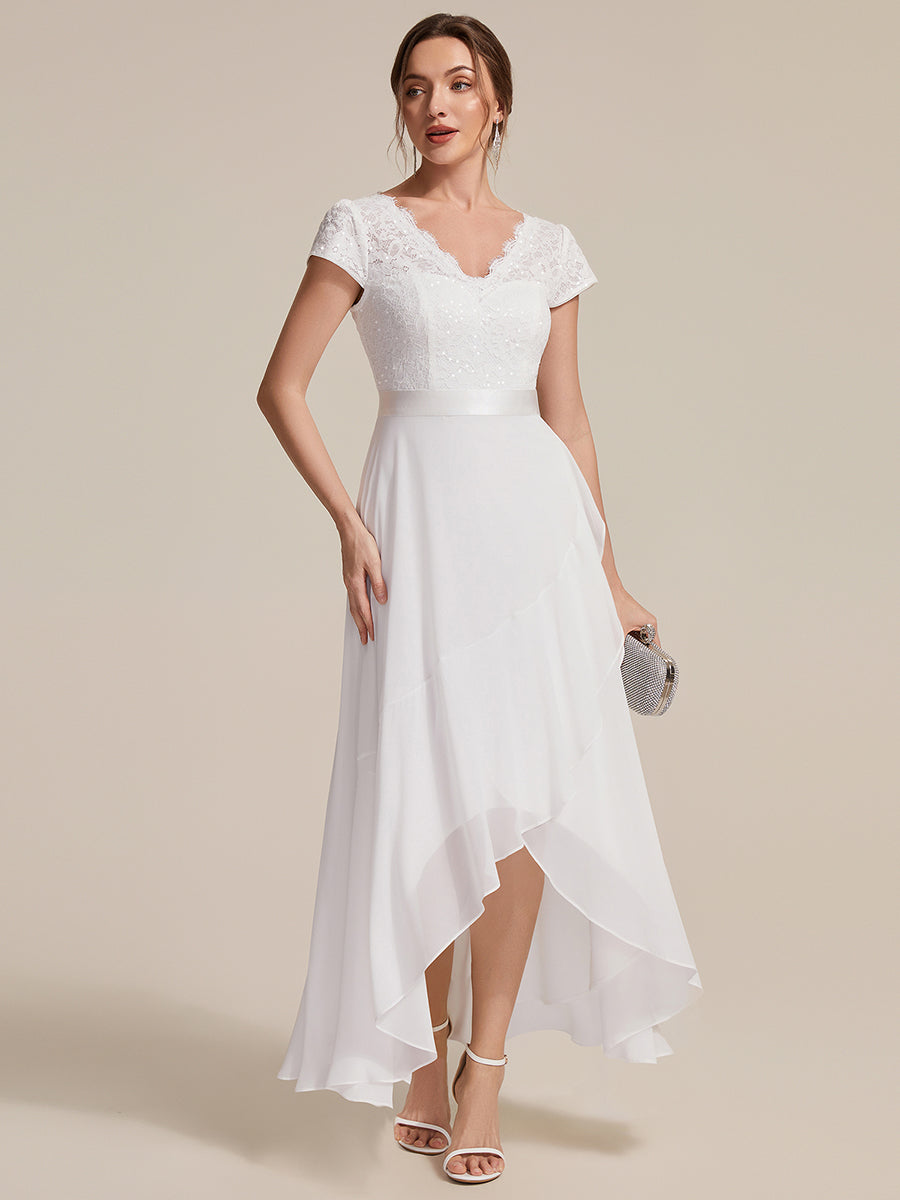 Color=White | Wholesale Pricing Short Sleeve Deep V-Neck Ruffled Asymmetrical High-Low Evening Dresses-White 4