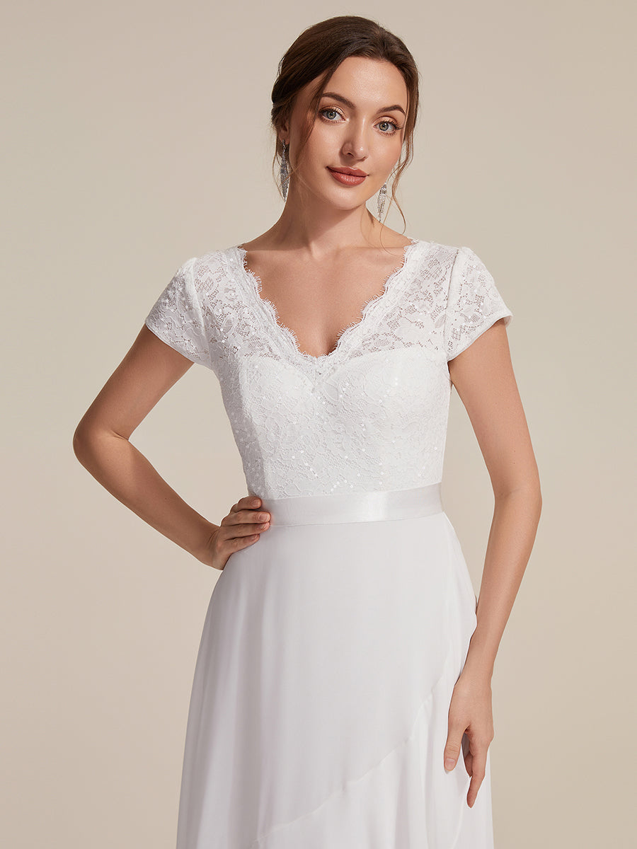 Color=White | Wholesale Pricing Short Sleeve Deep V-Neck Ruffled Asymmetrical High-Low Evening Dresses-White 5