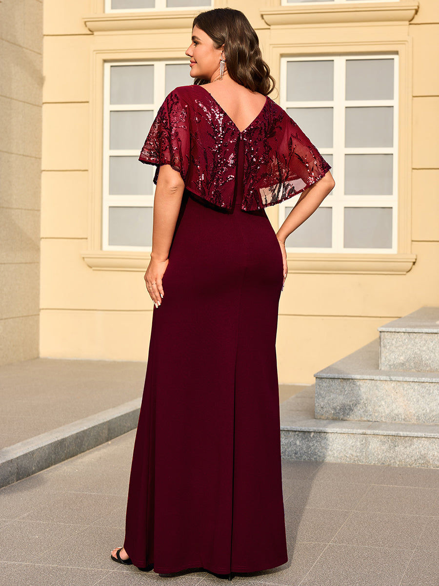 Color=Burgundy | Bulk Order Short Sleeve Sequin Fishtail V-Neck Floor Length Evening Dresses-Burgundy 7