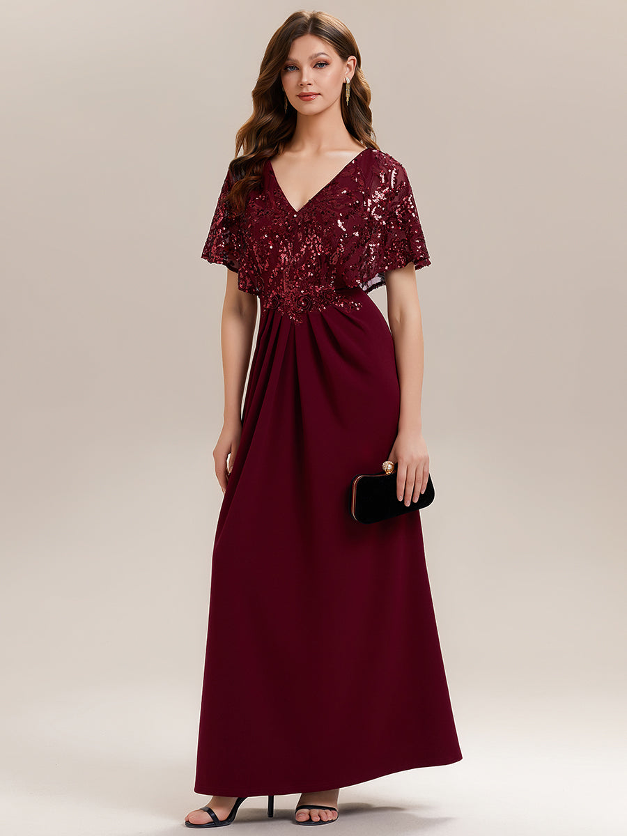 Color=Burgundy | Bulk Order Short Sleeve Sequin Fishtail V-Neck Floor Length Evening Dresses-Burgundy 1
