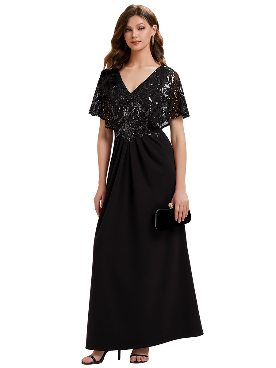 Color=Black | Bulk Order Short Sleeve Sequin Fishtail V-Neck Floor Length Evening Dresses-Black 2