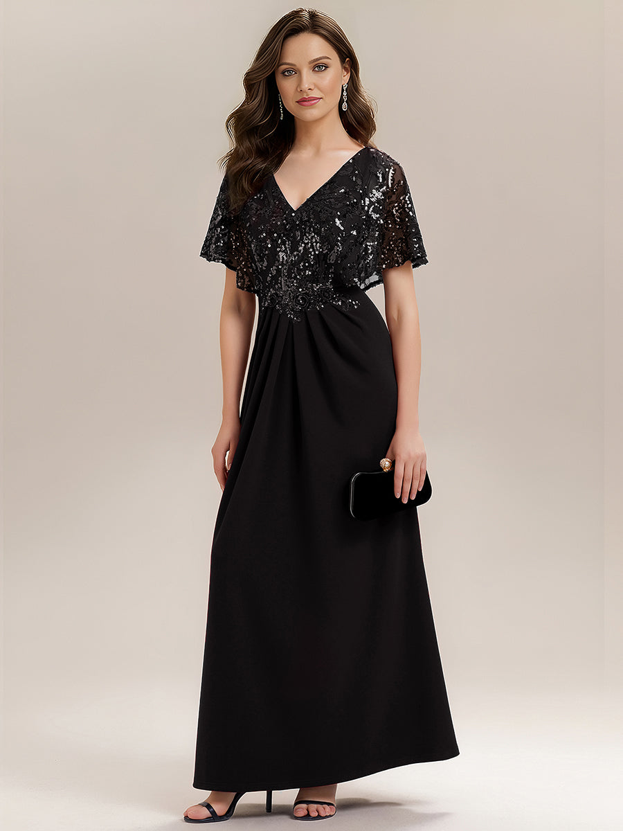 Color=Black | Bulk Order Short Sleeve Sequin Fishtail V-Neck Floor Length Evening Dresses-Black 9