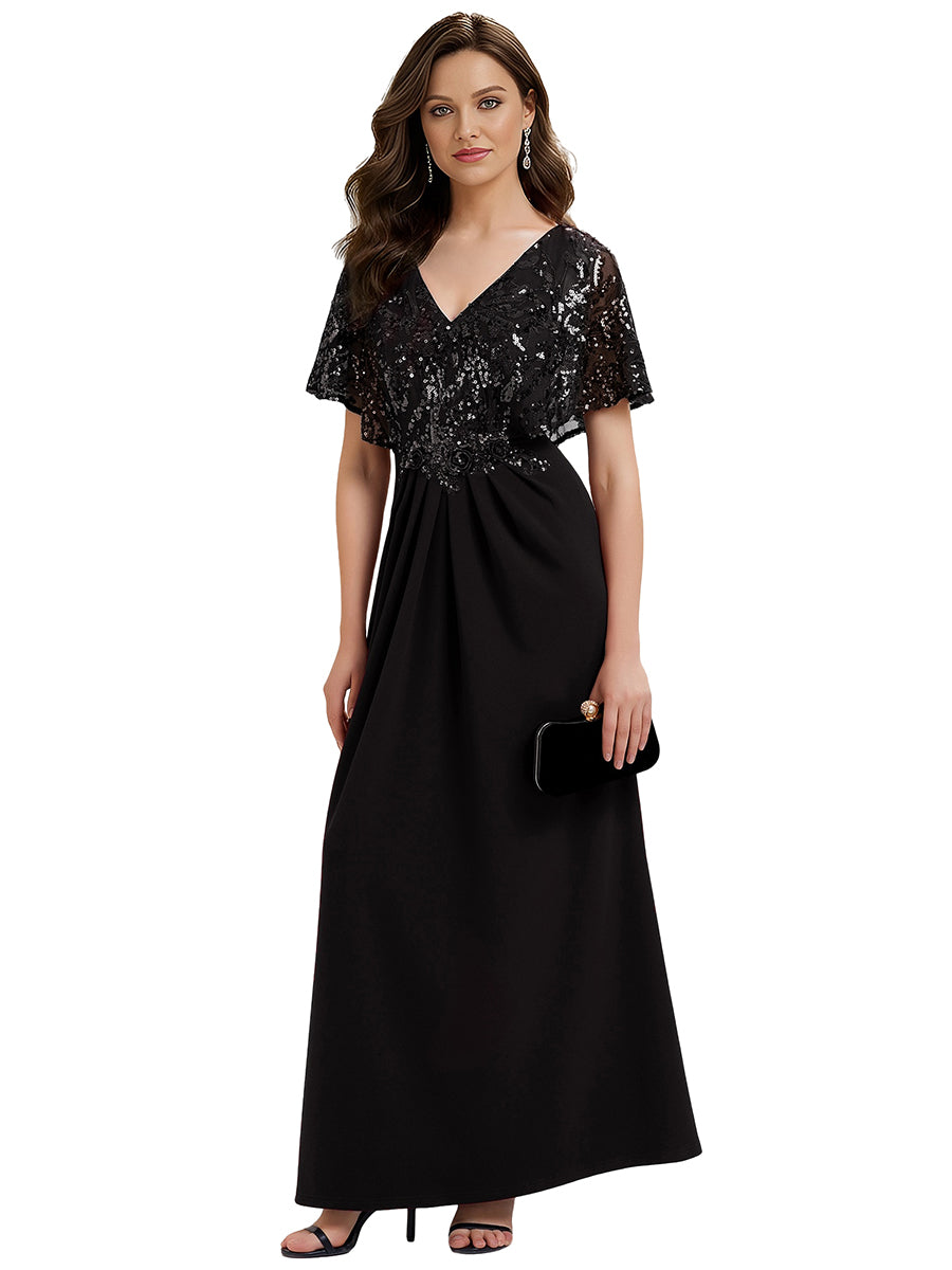 Color=Black | Bulk Order Short Sleeve Sequin Fishtail V-Neck Floor Length Evening Dresses-Black 10