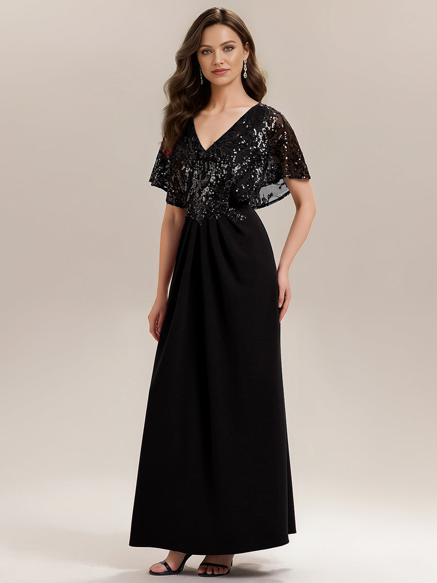 Color=Black | Bulk Order Short Sleeve Sequin Fishtail V-Neck Floor Length Evening Dresses-Black 13