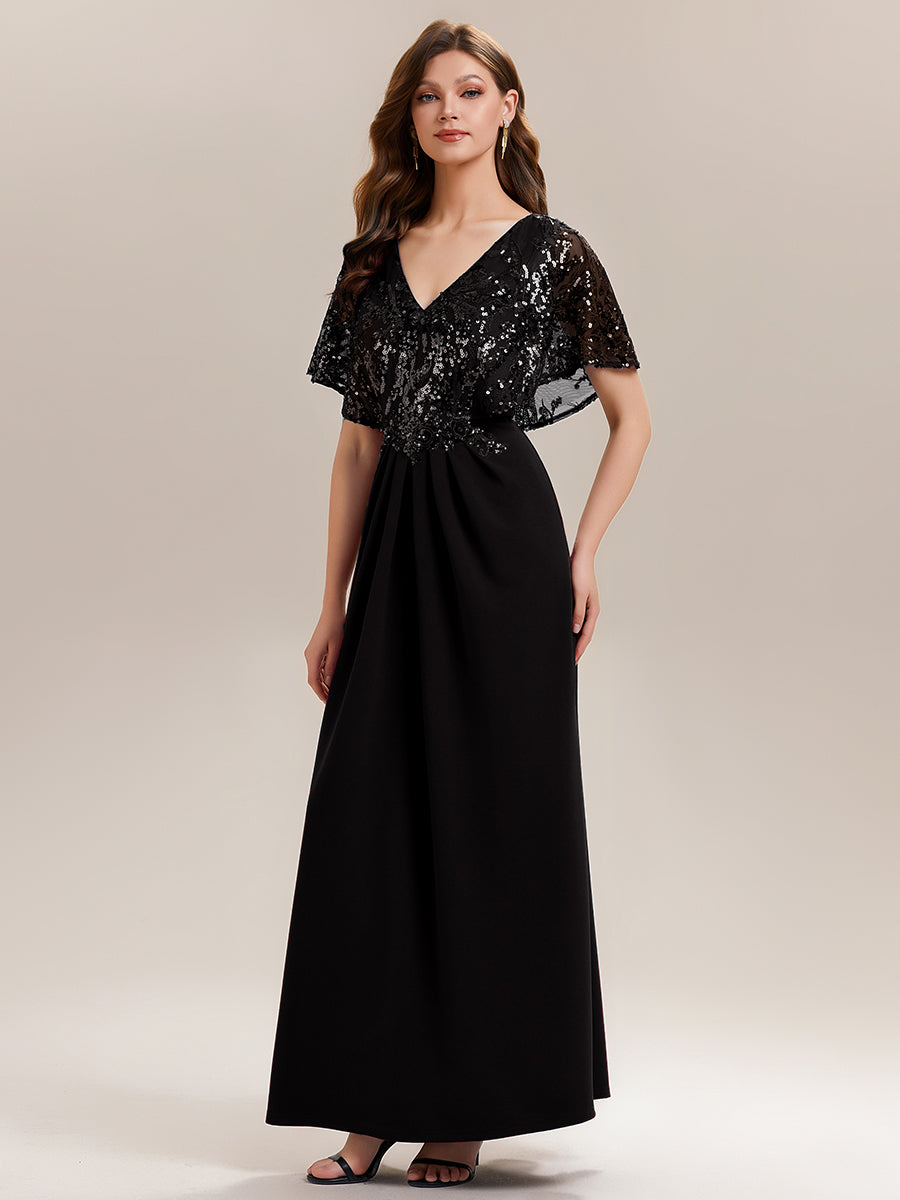 Color=Black | Bulk Order Short Sleeve Sequin Fishtail V-Neck Floor Length Evening Dresses-Black 15